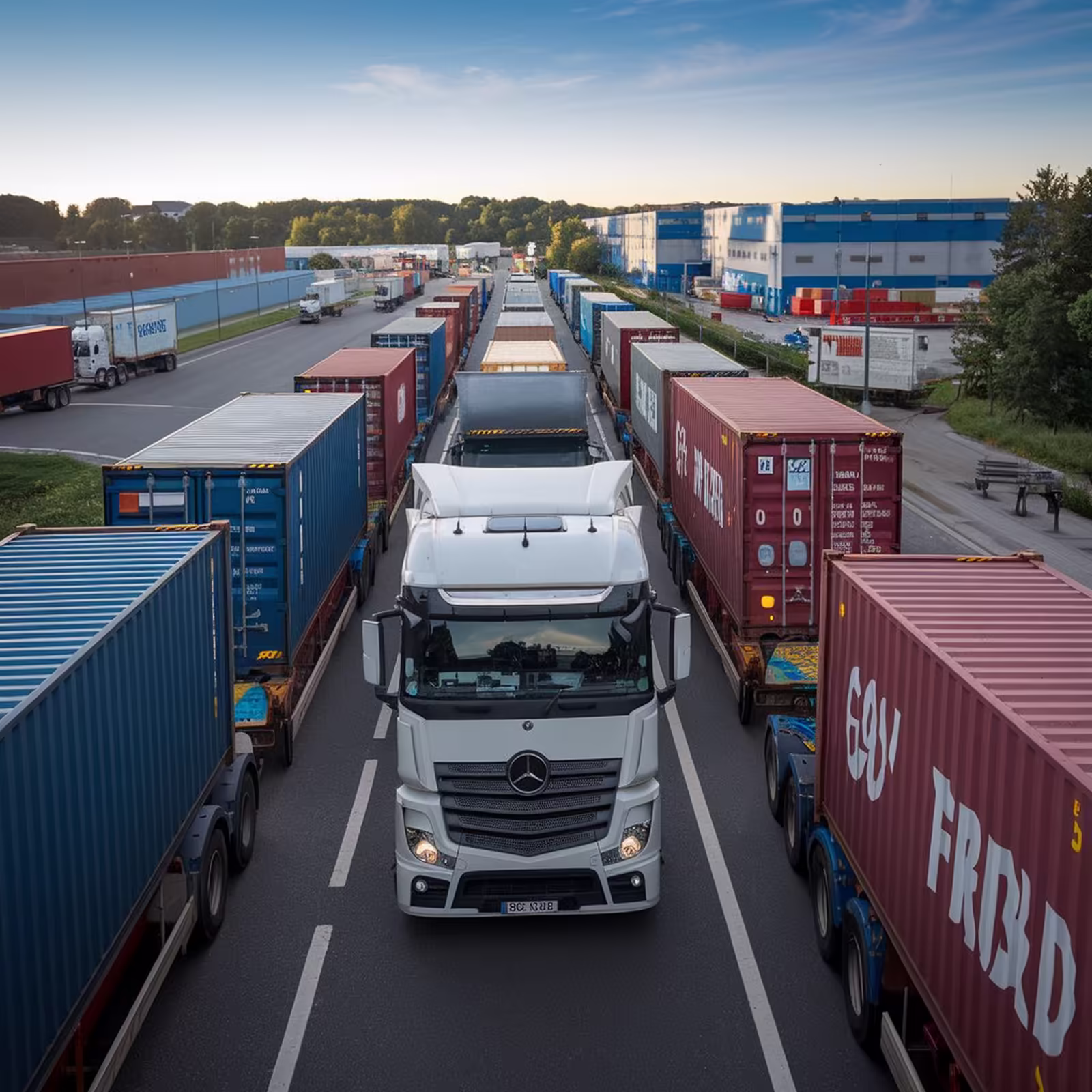 Truck fleet at logistics hub