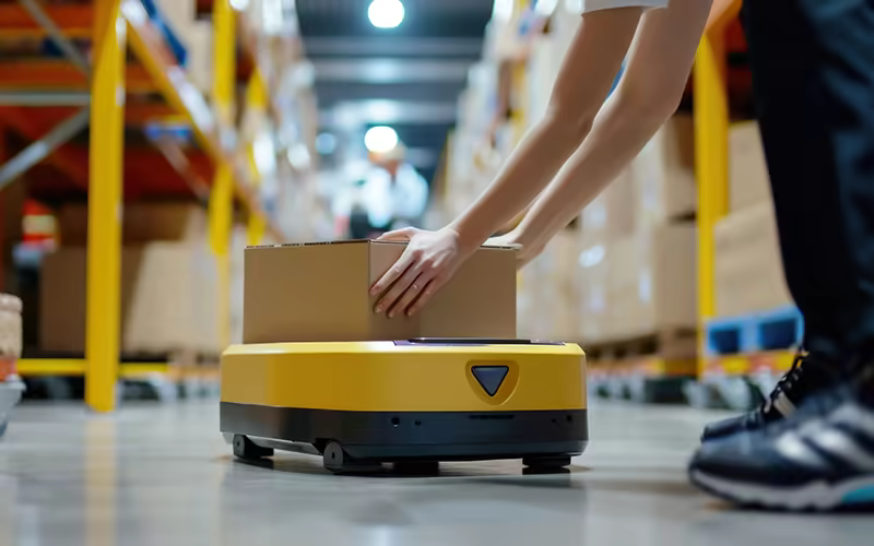 Kiện hàng được xử lý trong kho — cân để xác định trọng lượng tính cước.