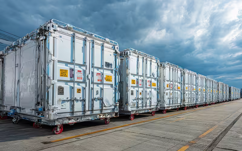A row of reefer containers with their refrigeration units on the quay.